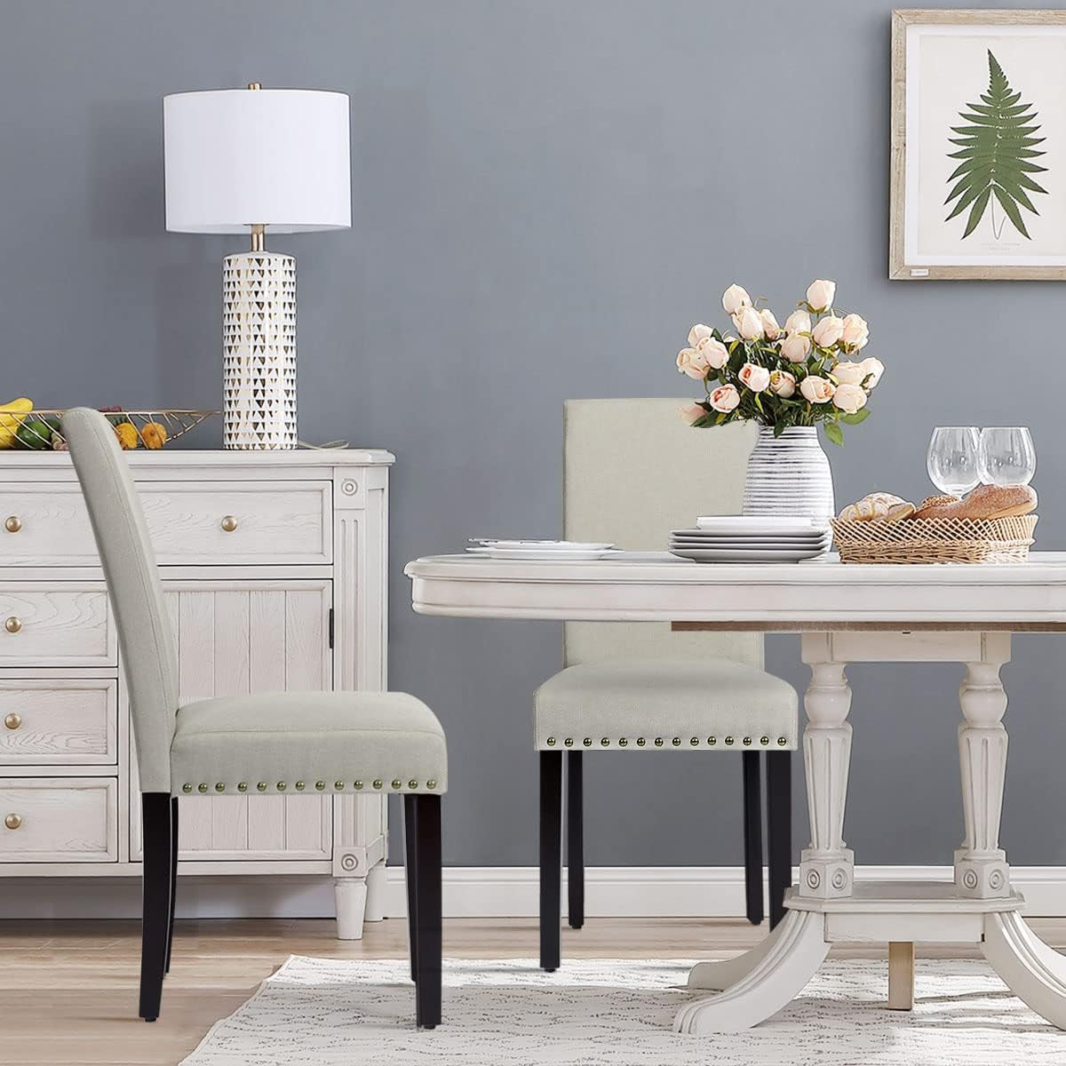 Upholstered Dining Chairs Set of 2, Fabric Side Chairs with Wood Legs, Soft Padded Seat, Nailhead Trim, Armless Parsons Dining Chair, Ideal for Dining Room, Kitchen, Living Room, Light Sage