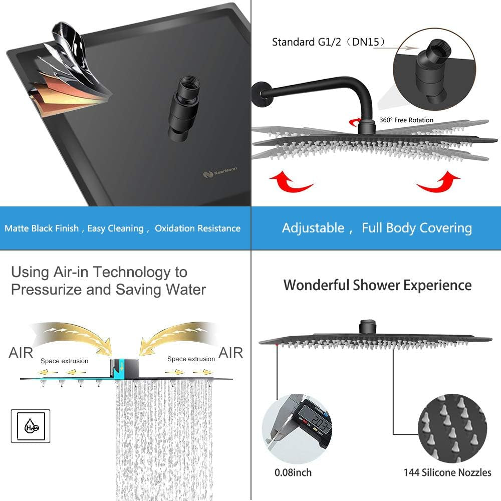 Rain Shower Head with Extension Arm, Square Shower Heads, Large Stainless Steel Rainfall Showerhead-Waterfall Full Body Coverage (12 Inch Shower Head with 15 Inch Shower Arm, Matte Black)