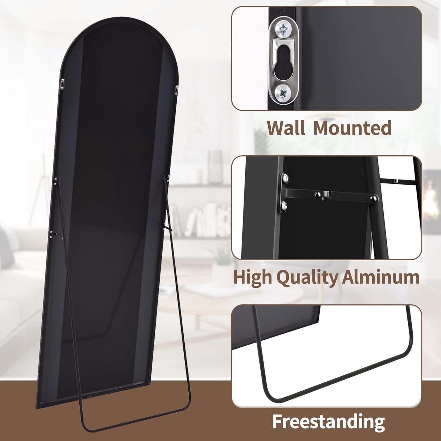 Full Length Mirror, Floor Mirror, 65"X22" Arched-Top Mirror, Hanging or Leaning, Standing Mirror, Body, Wall Mounted with Aluminum Frame for Bedroom Living Room, Black