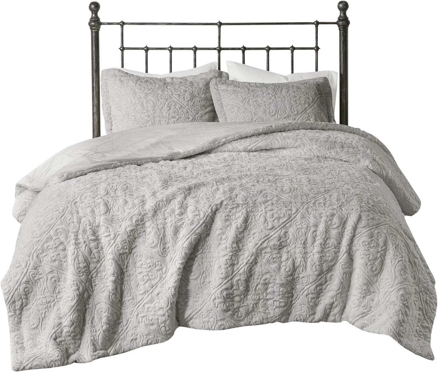 Bismarck King Size Bed Comforter Set - Grey, Embroidered Medallion – 3 Pieces Bedding Sets – Faux Fur Plush Bedroom Comforters (MP10-2004)