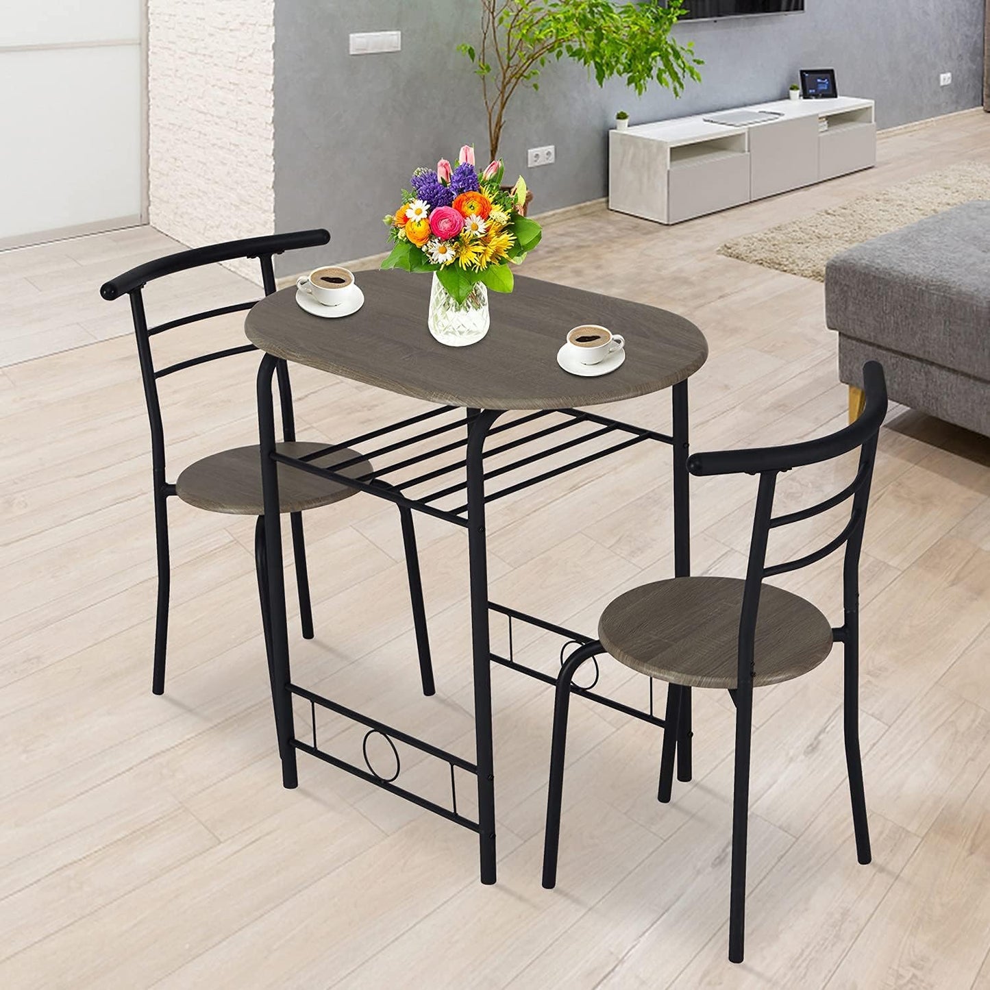 3 Pieces round Wood Table & Chair Set - Metal Frame Dining Bar Industrial Space Saving with Storage Shelf for Kitchen Dining Room Bar Counter Living Room Balcony, Brown