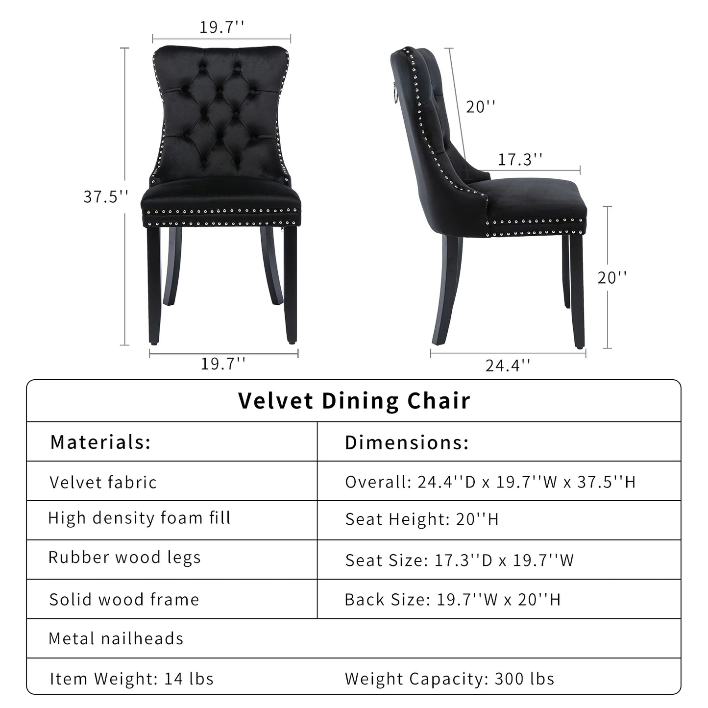 Black Velvet Dining Chairs Set of 2, Kitchen & Dining Room Chairs, Sillas De Comedor, Nailheads Tufted, Velvet Upholstered, Solid Wood (Black, 2 Pcs)