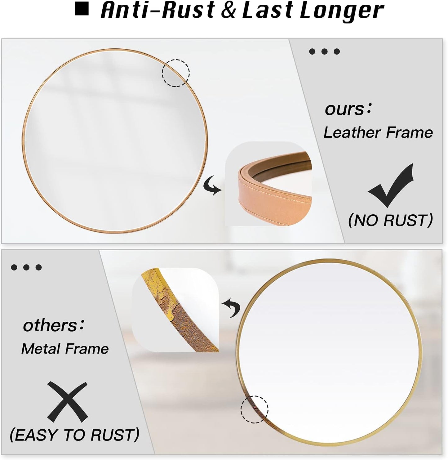 Leather Frame round Wall Mirror,24 Inch Large Circular Mirrors Wall Hanging Brass Circle Wall-Mounted Mirrors for Bathroom,Bedroom,Living Room(Gold Mirror)
