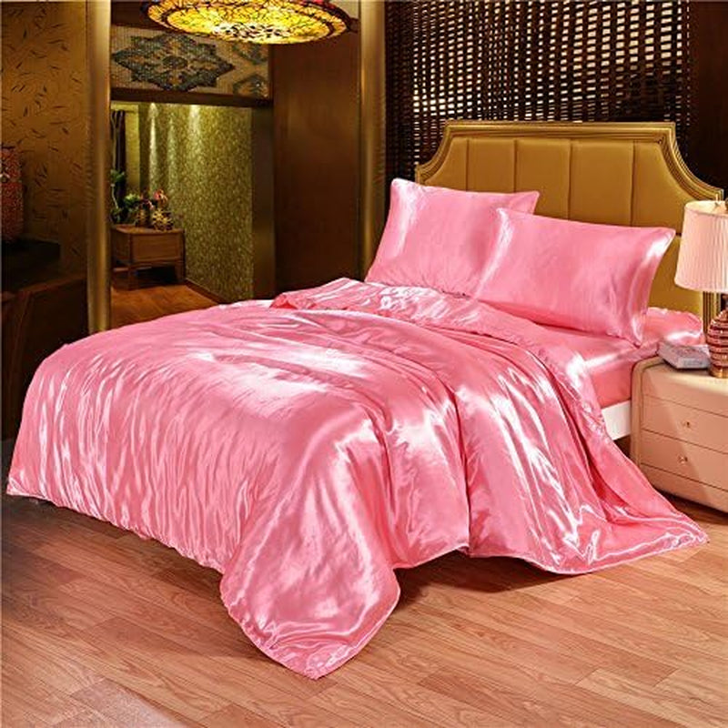 Hotel Quality Pink Duvet Cover Set King Size Silk like Satin Bedding with Hidden Zipper Ties Soft Smooth Durable Stain Resistant Solid Quilt/Comforter Cover Set