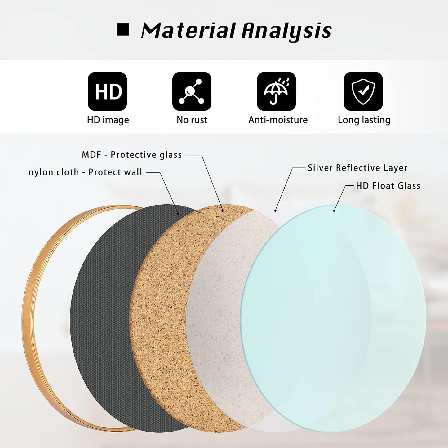 Leather Frame round Wall Mirror,24 Inch Large Circular Mirrors Wall Hanging Brass Circle Wall-Mounted Mirrors for Bathroom,Bedroom,Living Room(Gold Mirror)