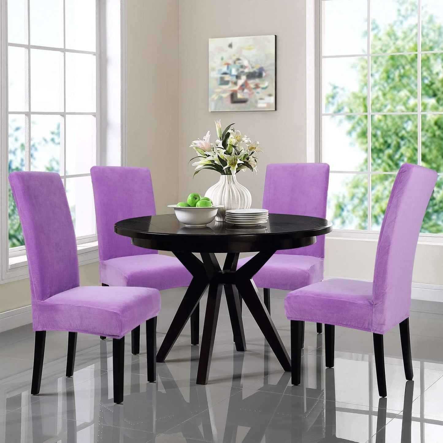 Velvet Stretch Dining Room Chair Covers Soft Removable Dining Chair Slipcovers Set of 6, Light Purple