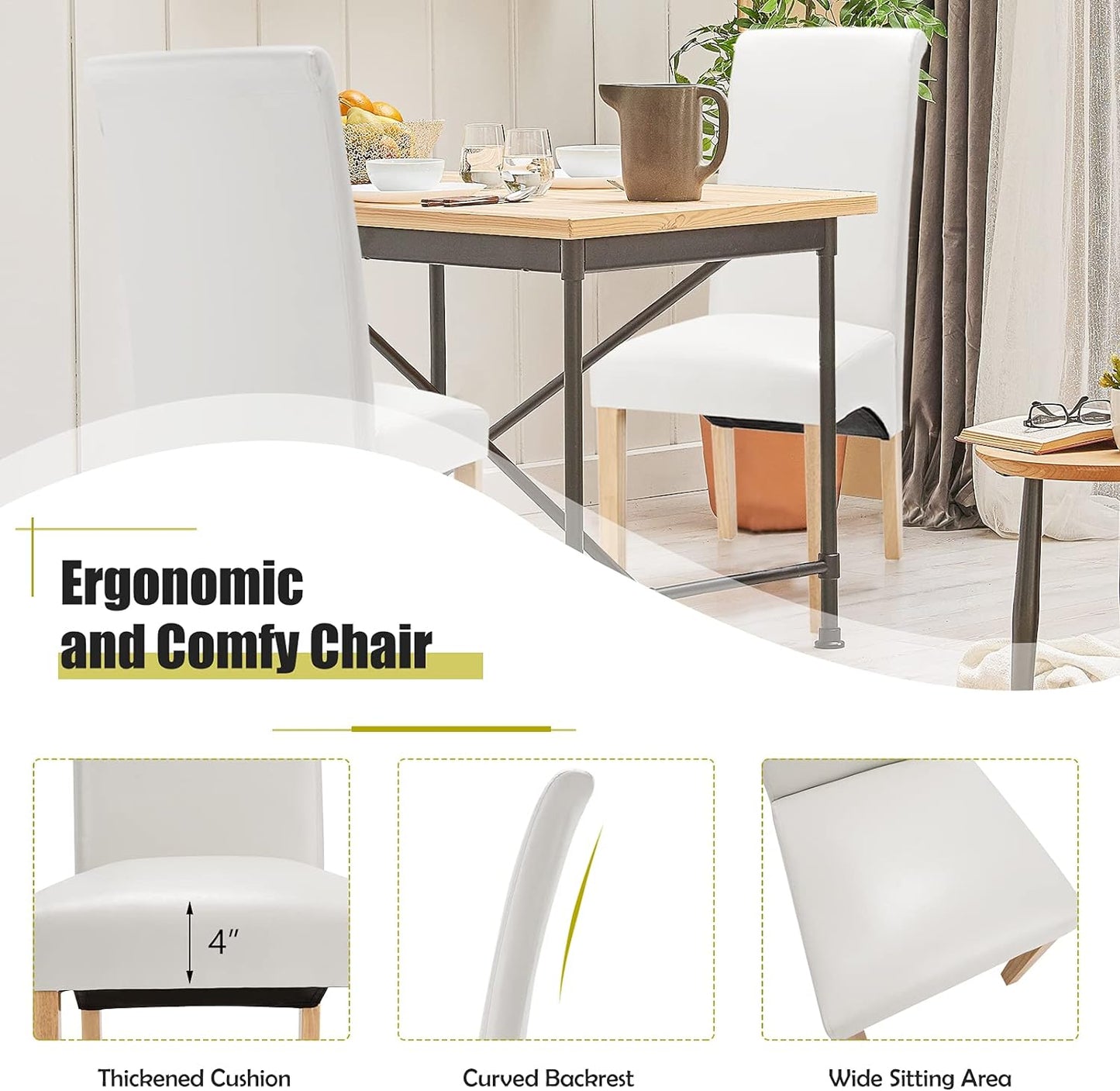 Set of 2 Dining Chairs, High Back Dining Side Chairs W/Solid Rubber Wood Legs, Anti-Slip Footpads, Modern Classic PVC Upholstered Kitchen Dining Chair, White