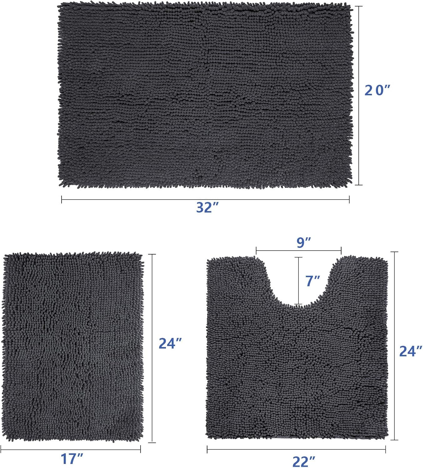 Birsppy Yuankanju Bathroom Rugs Set, Dark Gray, Extra Soft Chenille Bath Rugs Mat, Absorbent Plush Shaggy Bath Rugs, Machine Washable & Non Slip Bath Rugs for Bathroom