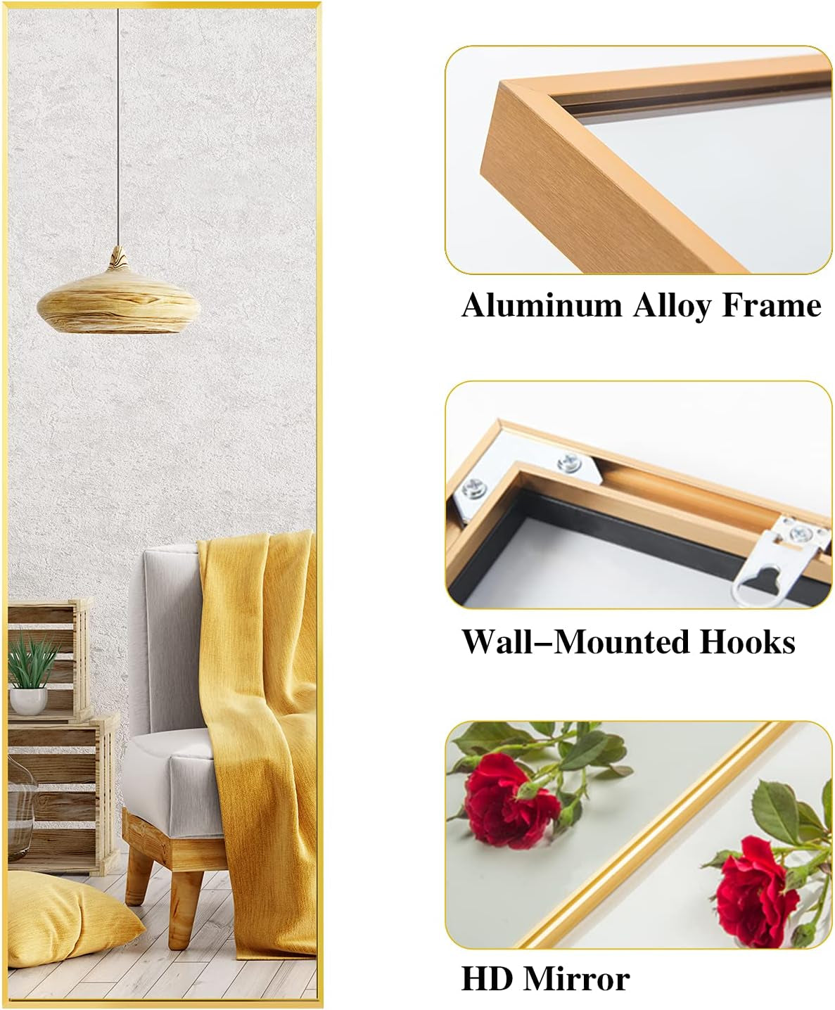 Full Length Mirror 47"X16" Wall-Mounted Large Standing Hanging or Leaning against Wall Mirror, Door Mirror Body Dressing Mirror with Aluminum Alloy Frame for Living Room, Bedroom, Gold