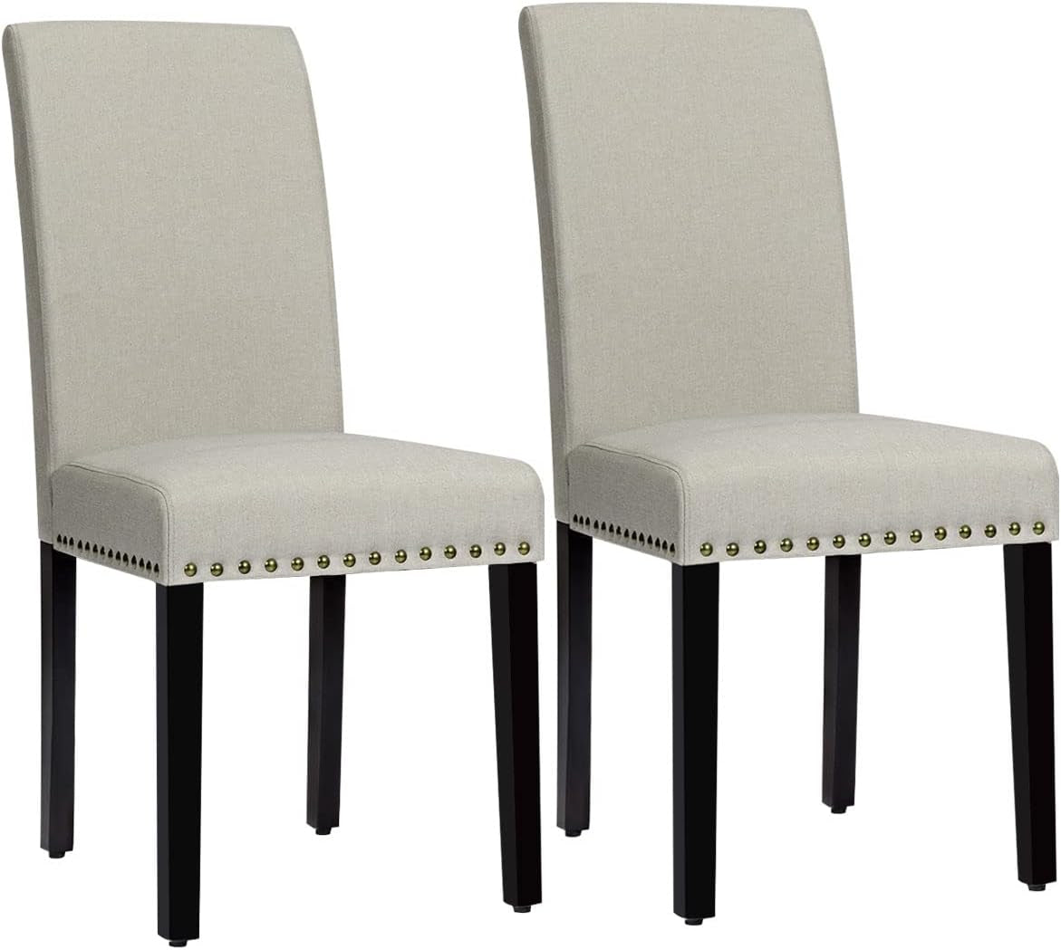 Upholstered Dining Chairs Set of 2, Fabric Side Chairs with Wood Legs, Soft Padded Seat, Nailhead Trim, Armless Parsons Dining Chair, Ideal for Dining Room, Kitchen, Living Room, Light Sage