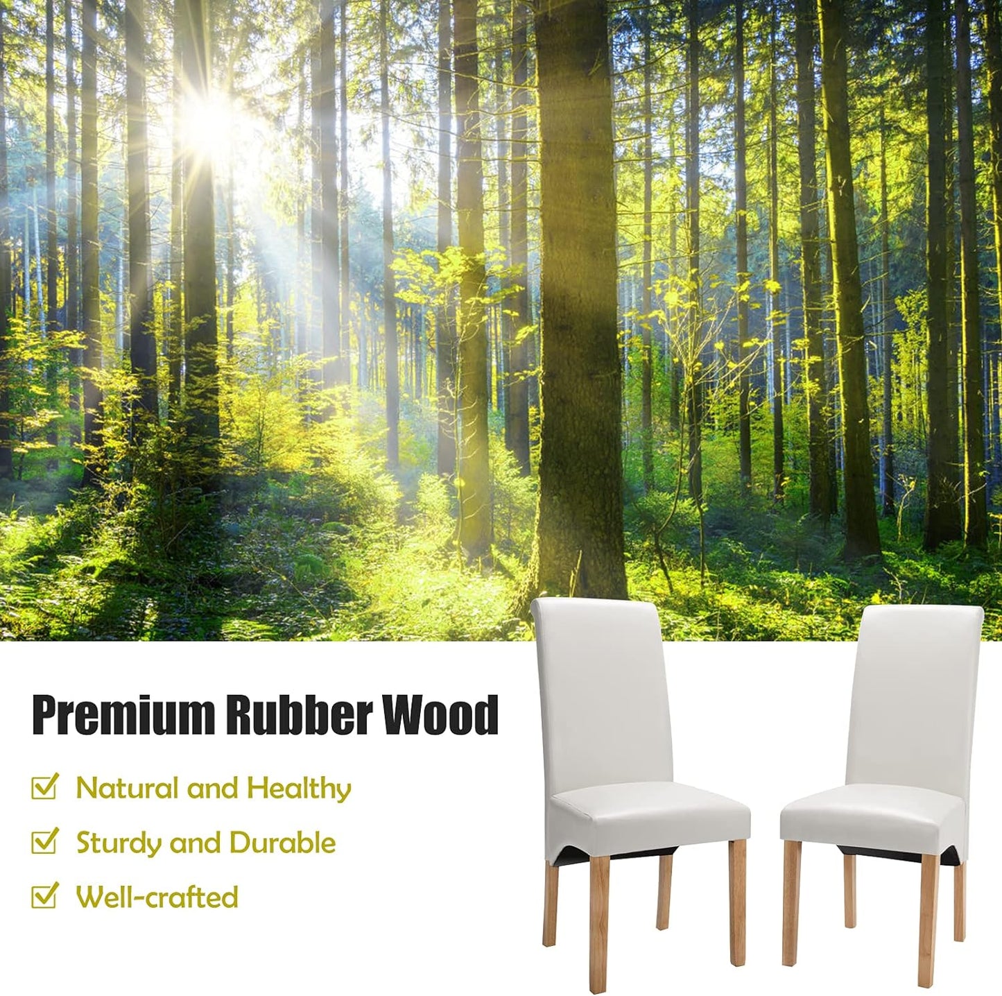 Set of 2 Dining Chairs, High Back Dining Side Chairs W/Solid Rubber Wood Legs, Anti-Slip Footpads, Modern Classic PVC Upholstered Kitchen Dining Chair, White