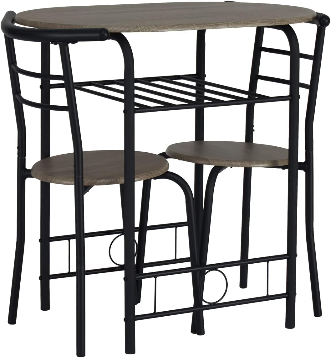 3 Pieces round Wood Table & Chair Set - Metal Frame Dining Bar Industrial Space Saving with Storage Shelf for Kitchen Dining Room Bar Counter Living Room Balcony, Brown