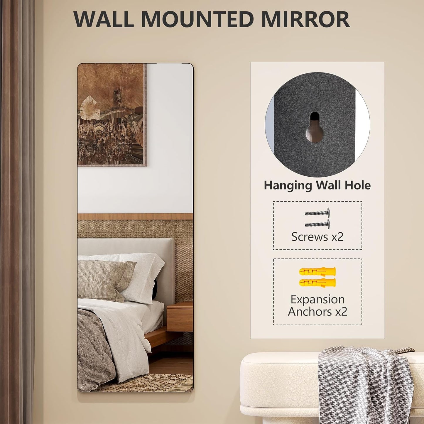 over the Door Full Length Mirror, Back of Door Hanging Mirror, Black Wall Mount Mirror, Frameless Full Body Mirror for Bedroom, Closet (47" X 14.5”)