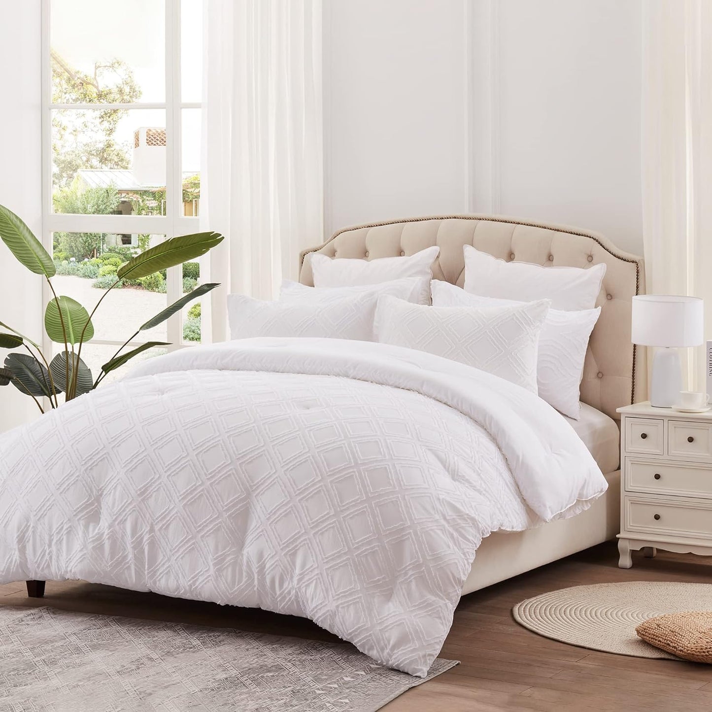 Bed Comforter Set - Premium Lattice White Bedding Sets & Collections with Queen-Size 2 Pillow Shams (No Insert), Lightweight, 100% Polyester Comforters for Queen Bed., White-Lattice