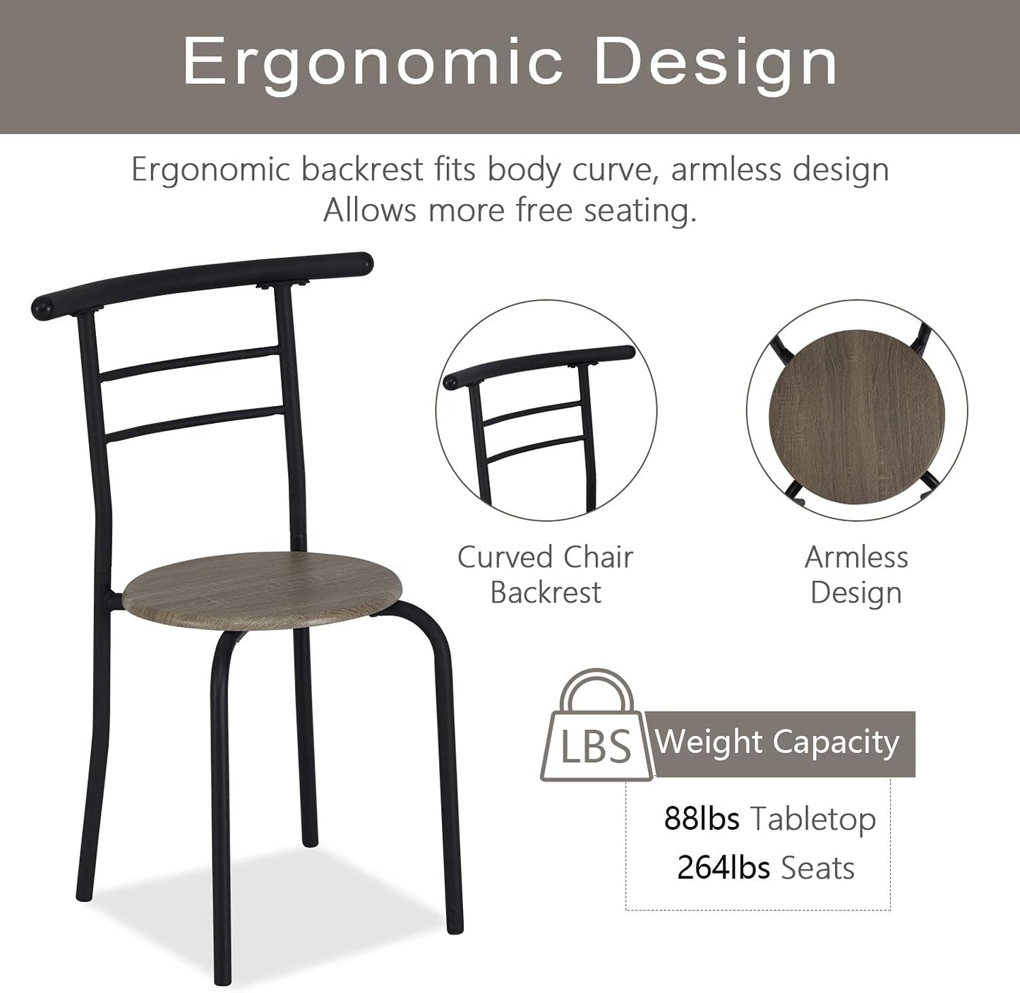 3 Pieces round Wood Table & Chair Set - Metal Frame Dining Bar Industrial Space Saving with Storage Shelf for Kitchen Dining Room Bar Counter Living Room Balcony, Brown