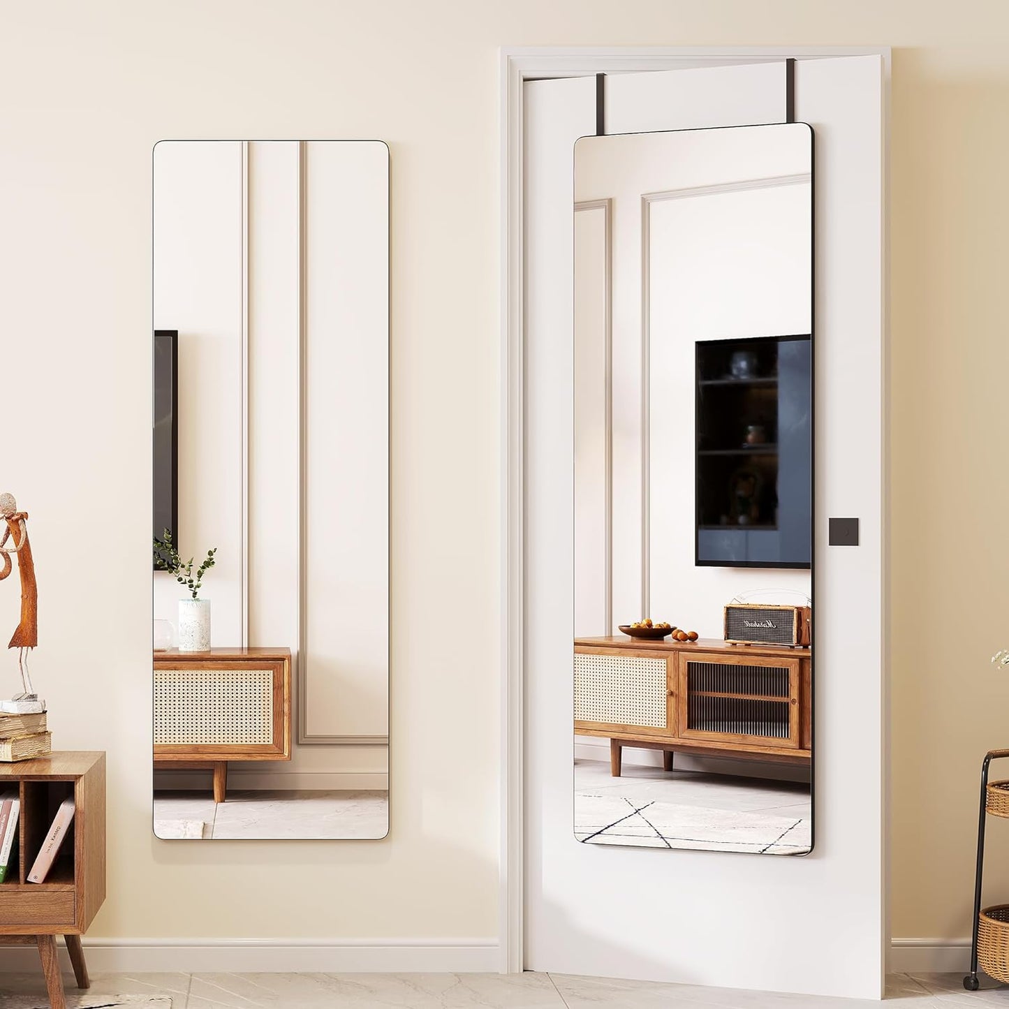 over the Door Full Length Mirror, Back of Door Hanging Mirror, Black Wall Mount Mirror, Frameless Full Body Mirror for Bedroom, Closet (47" X 14.5”)