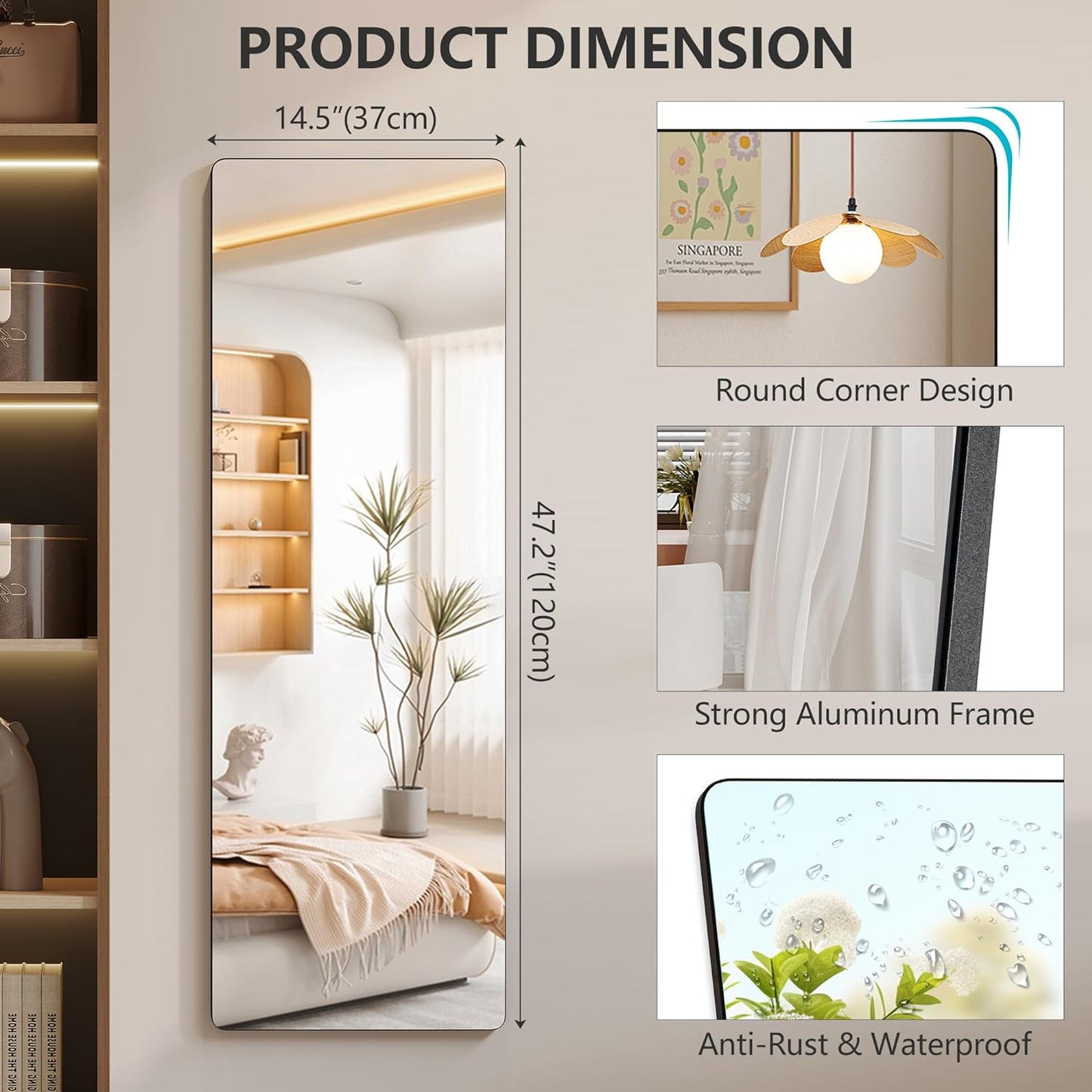 over the Door Full Length Mirror, Back of Door Hanging Mirror, Black Wall Mount Mirror, Frameless Full Body Mirror for Bedroom, Closet (47" X 14.5”)
