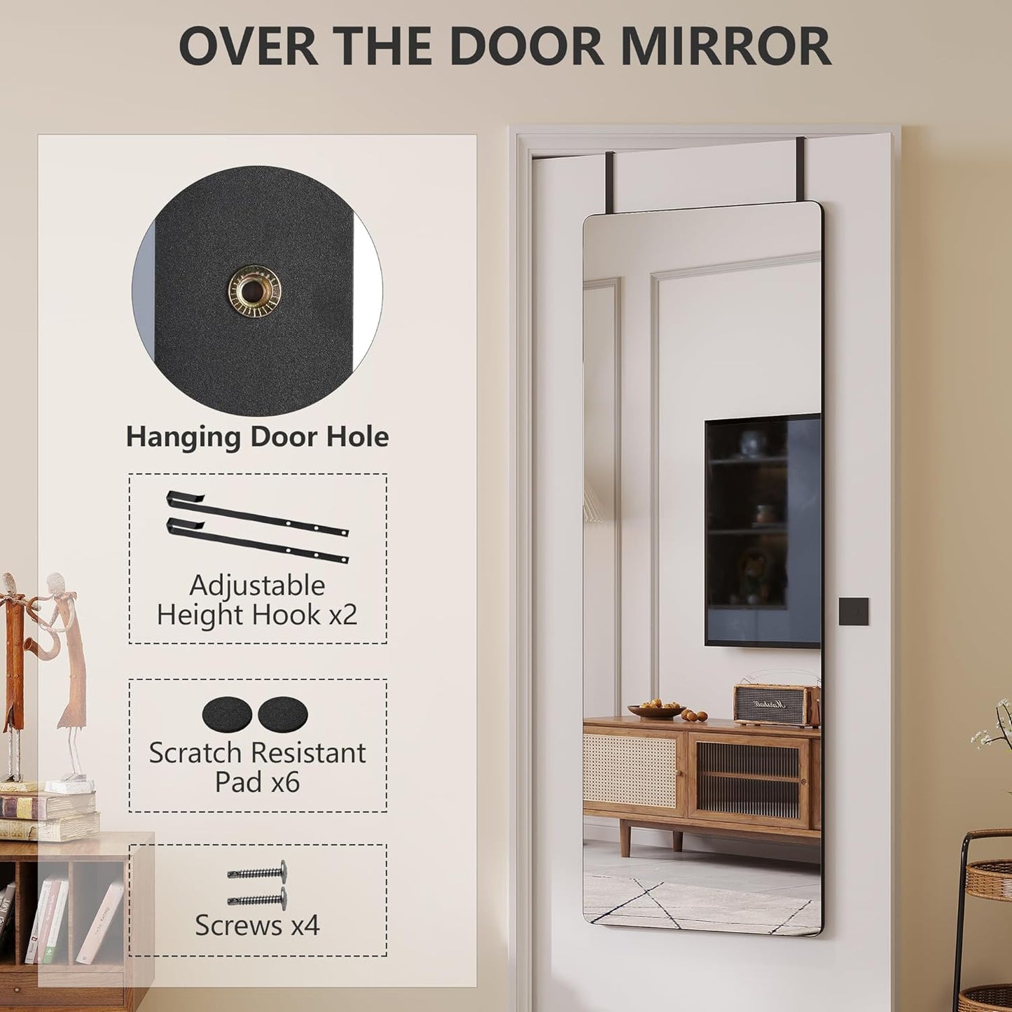 over the Door Full Length Mirror, Back of Door Hanging Mirror, Black Wall Mount Mirror, Frameless Full Body Mirror for Bedroom, Closet (47" X 14.5”)