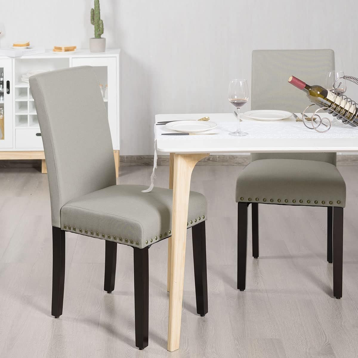 Upholstered Dining Chairs Set of 2, Fabric Side Chairs with Wood Legs, Soft Padded Seat, Nailhead Trim, Armless Parsons Dining Chair, Ideal for Dining Room, Kitchen, Living Room, Light Sage