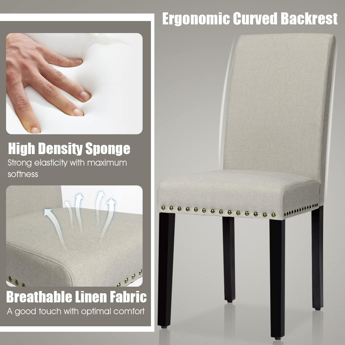 Upholstered Dining Chairs Set of 2, Fabric Side Chairs with Wood Legs, Soft Padded Seat, Nailhead Trim, Armless Parsons Dining Chair, Ideal for Dining Room, Kitchen, Living Room, Light Sage