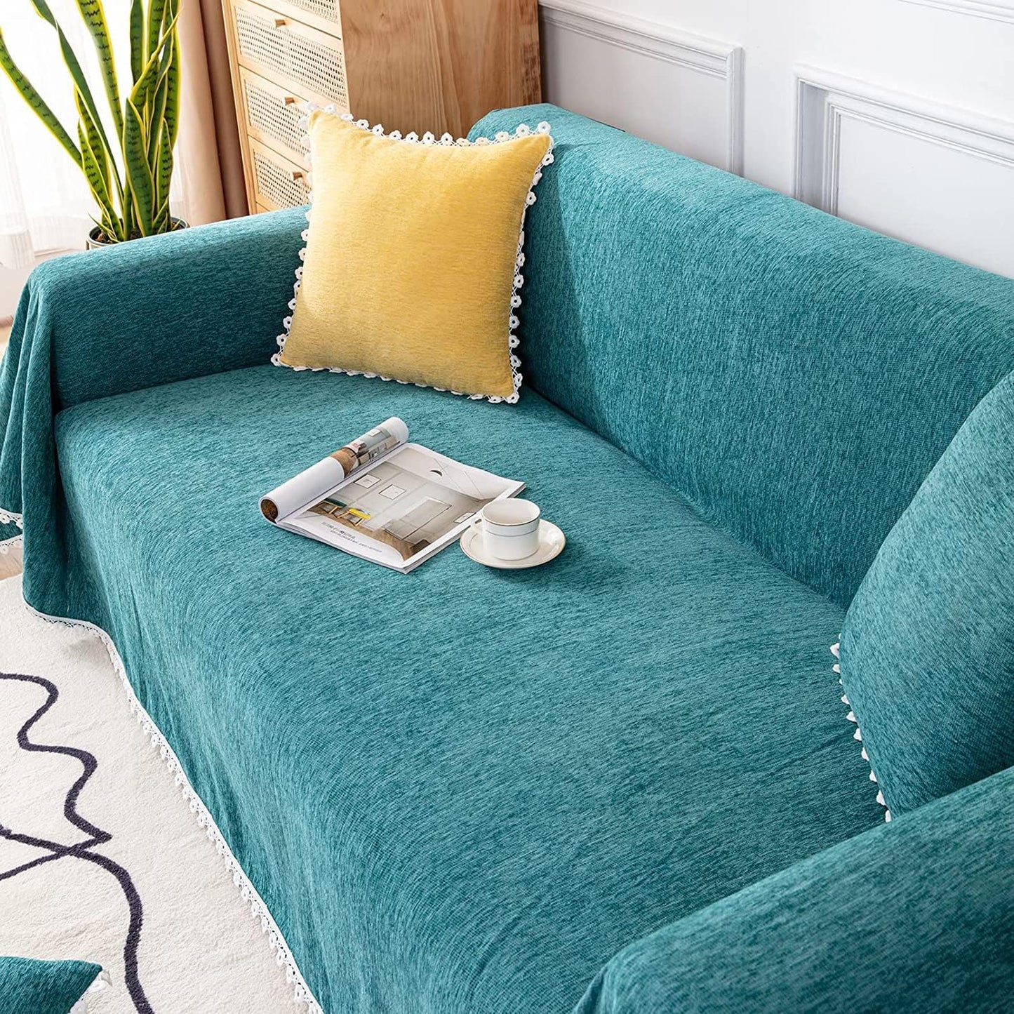 Modern Minimalist Sofa Covers for 3 Cushion Couch Sofa Chenille Couch Cover 71" X 118" Furniture Protector Couch Covers with Floral Lace for Dogs Cats, Bluish Green