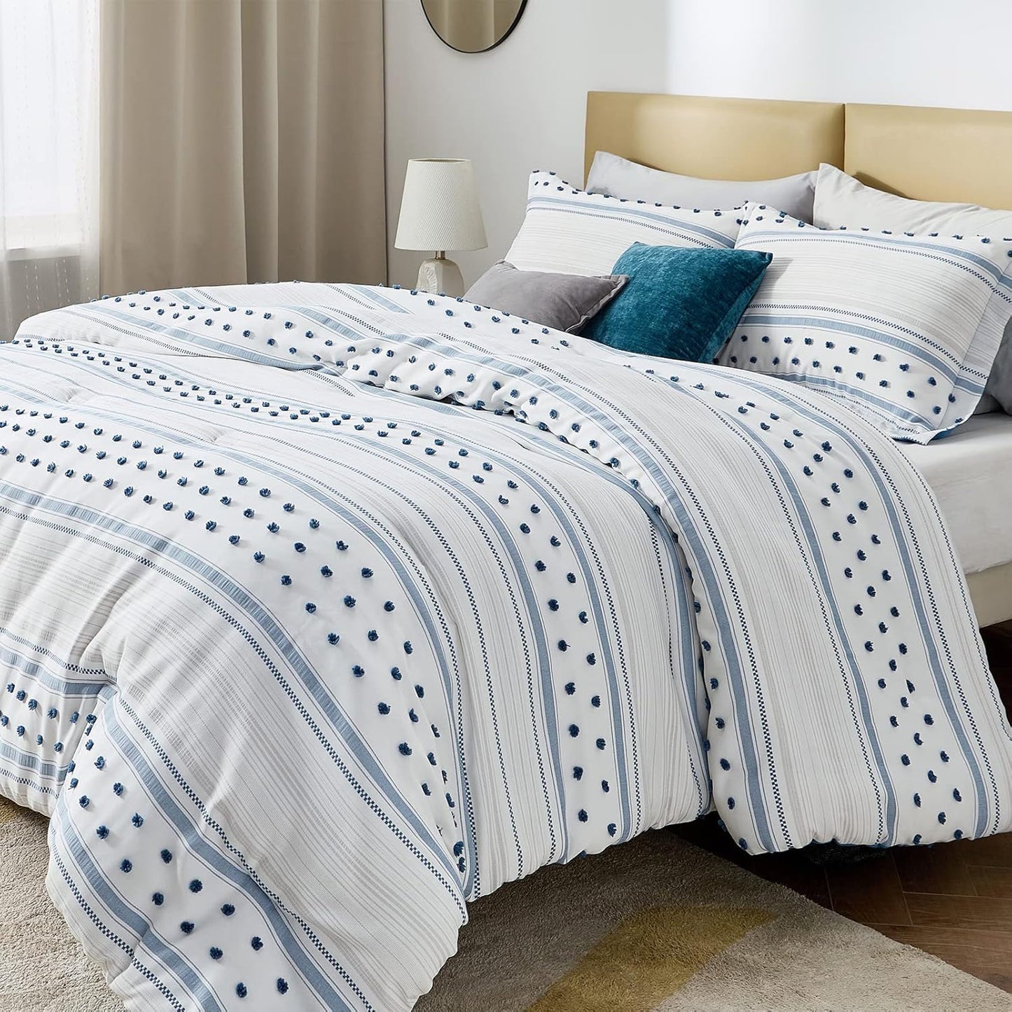 Boho Comforter Set Queen - Blue Lightweight Bedding Comforter Set, Reversible White Tufted Embroidery Farmhouse Home Decor for All Season