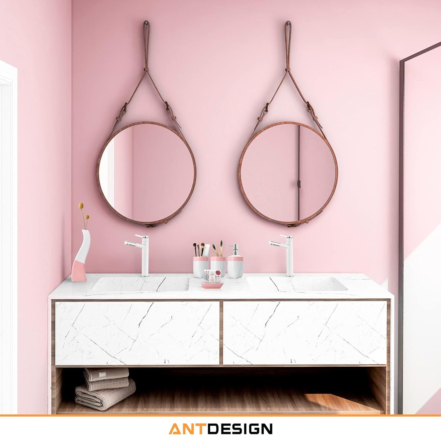 Pink Bathroom Accessory Set 5 Pcs, Including Hand Pump Soap Dispenser, Soap Dish, Toothbrush Holder and Vase,For Modern Bathroom Décor (Pink)
