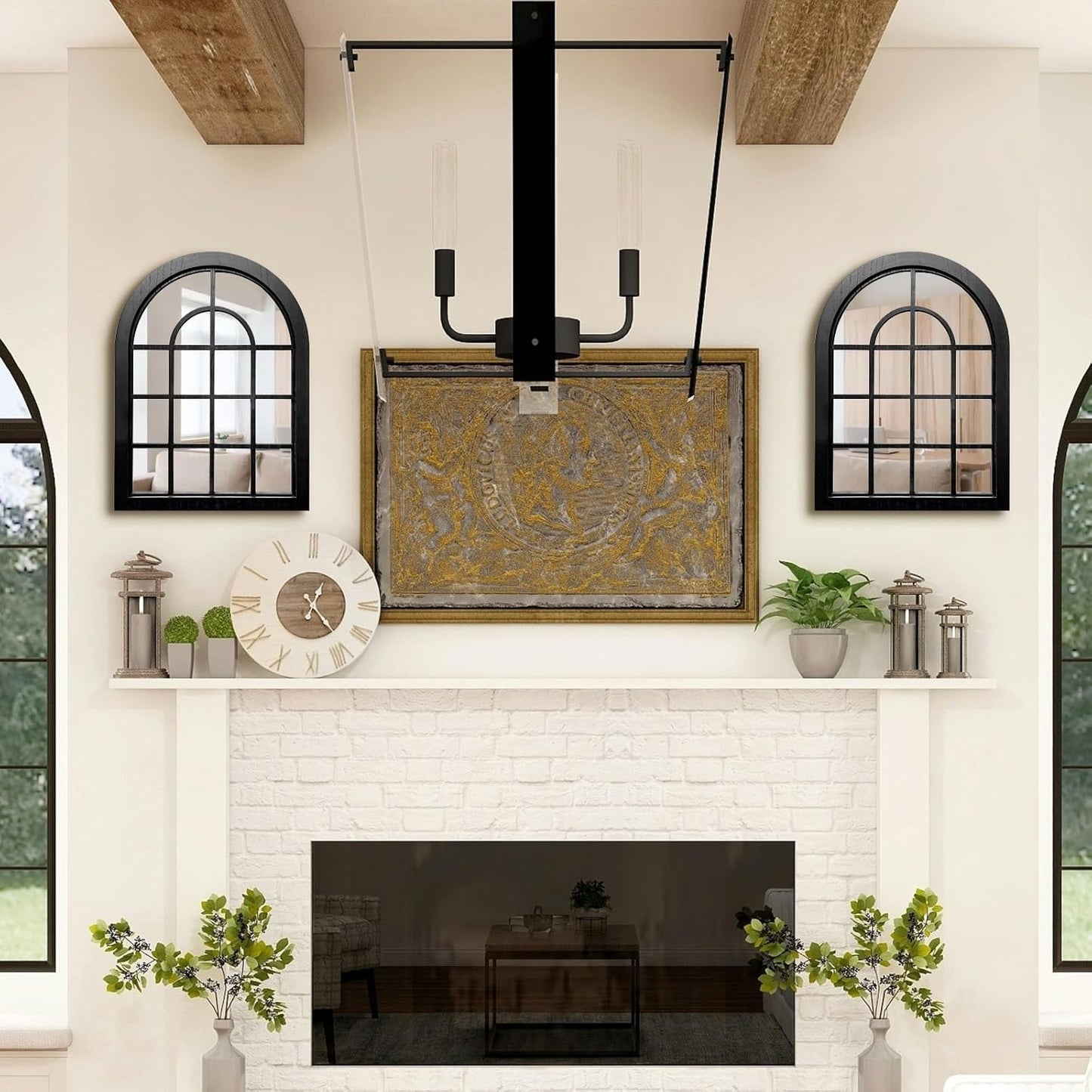 2PCS Arched Window Wall Mirror,Rustic Farmhouse Accent Mirror, Wood Framed Entry Mirror for Living Room,Bathroom,Bedroom,Kitchen,15.7X11.8 Inches