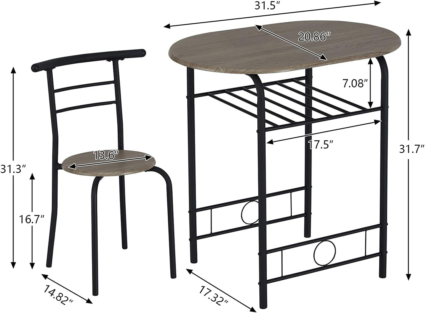 3 Pieces round Wood Table & Chair Set - Metal Frame Dining Bar Industrial Space Saving with Storage Shelf for Kitchen Dining Room Bar Counter Living Room Balcony, Brown