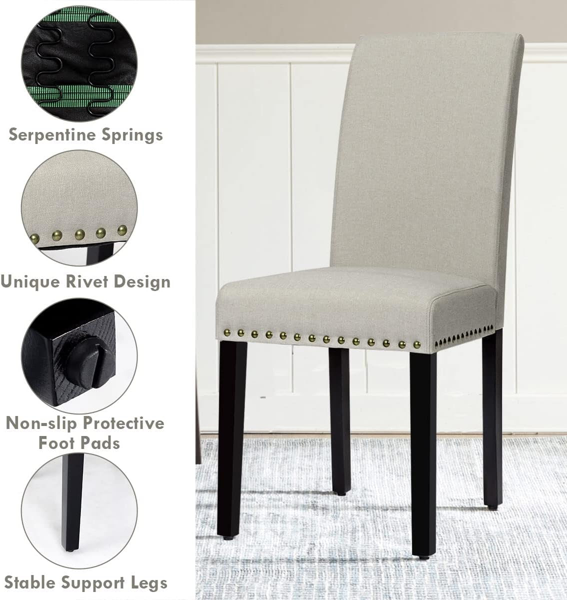 Upholstered Dining Chairs Set of 2, Fabric Side Chairs with Wood Legs, Soft Padded Seat, Nailhead Trim, Armless Parsons Dining Chair, Ideal for Dining Room, Kitchen, Living Room, Light Sage