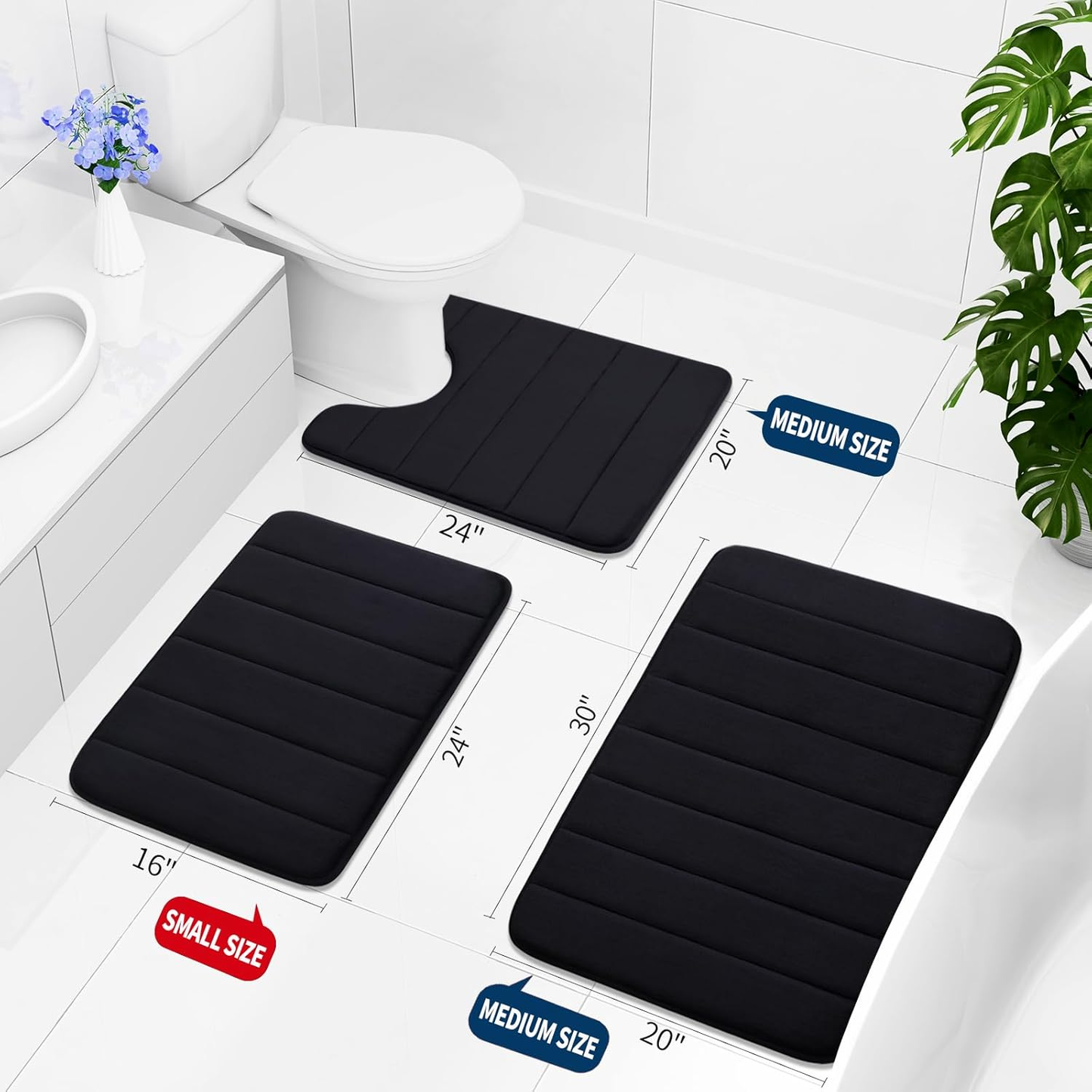 Memory Foam 3 Pieces Bathroom Rugs Set - Thick Soft Absorbent Non-Slip Bath Mats, Washable Small/Large/Contour Bath Rugs, Black