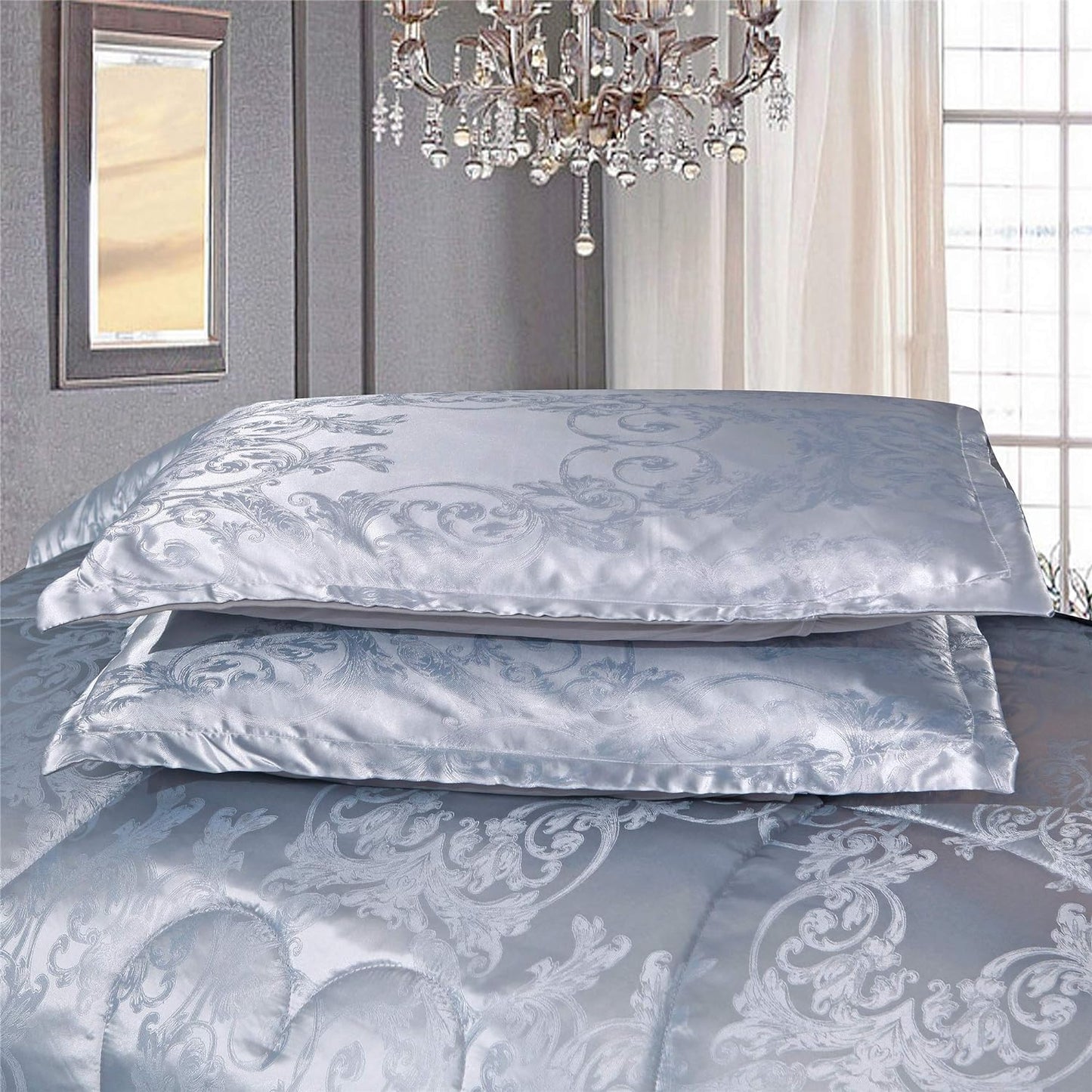 King Size Comforter Set, Silver Bedding Comforter Sets All Season Grey Bed Comforter King Set, Soft Lightweight Silk Jacquard Comforter Set with 2 Pillow Shams(King,104X90)