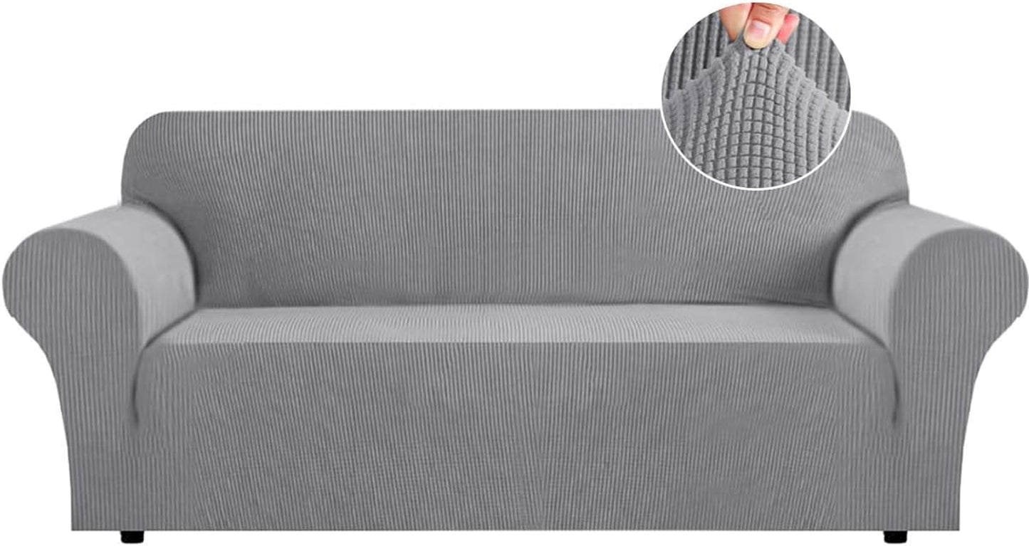 High Stretch Sofa Slipcover Non Slip Couch Cover for 3 Cushion Couch Washable Pet Furniture Protector Covers with Elastic Bottom, Thick Jacquard Fabric (Large, Dove)