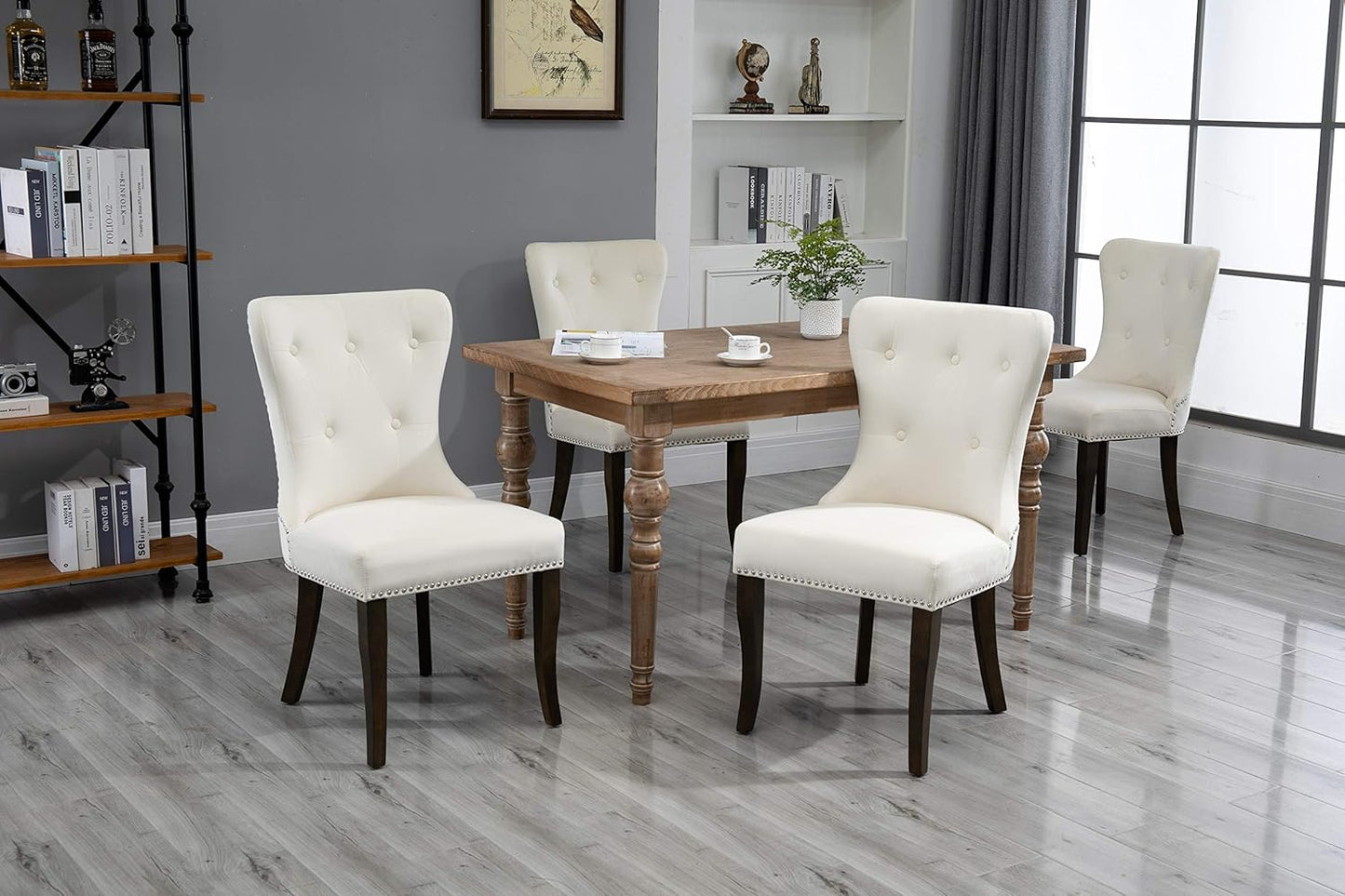 Dining Chairs Set of 2, Upholstered Cream Accent Chair Button Tufted Armless Chair with Nailhead Trim and Back Ring Pull, with Upgraded Size: 19.7 X 19.7 X 36.4 Inches
