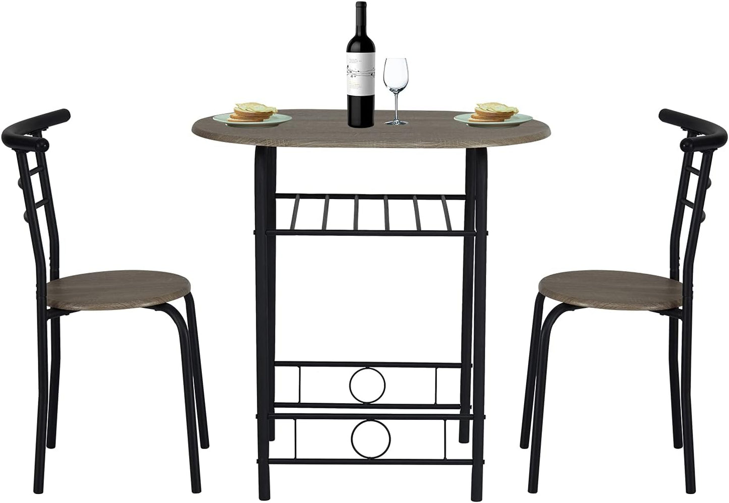 3 Pieces round Wood Table & Chair Set - Metal Frame Dining Bar Industrial Space Saving with Storage Shelf for Kitchen Dining Room Bar Counter Living Room Balcony, Brown