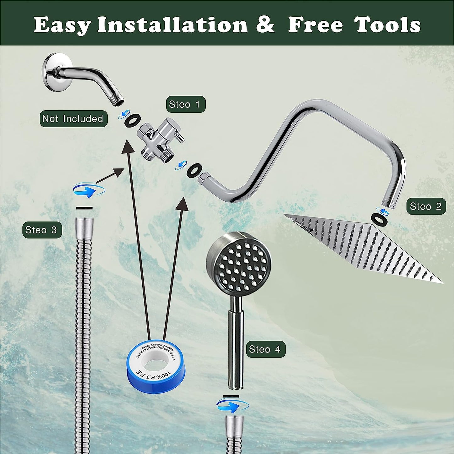 6"All Metal Shower Heads with Handheld,Luxurious Stainless Steel Shower Head,Metal Single Setting Handheld,With Extension Shower Arm