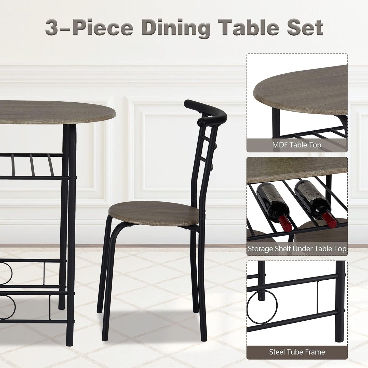 3 Pieces round Wood Table & Chair Set - Metal Frame Dining Bar Industrial Space Saving with Storage Shelf for Kitchen Dining Room Bar Counter Living Room Balcony, Brown