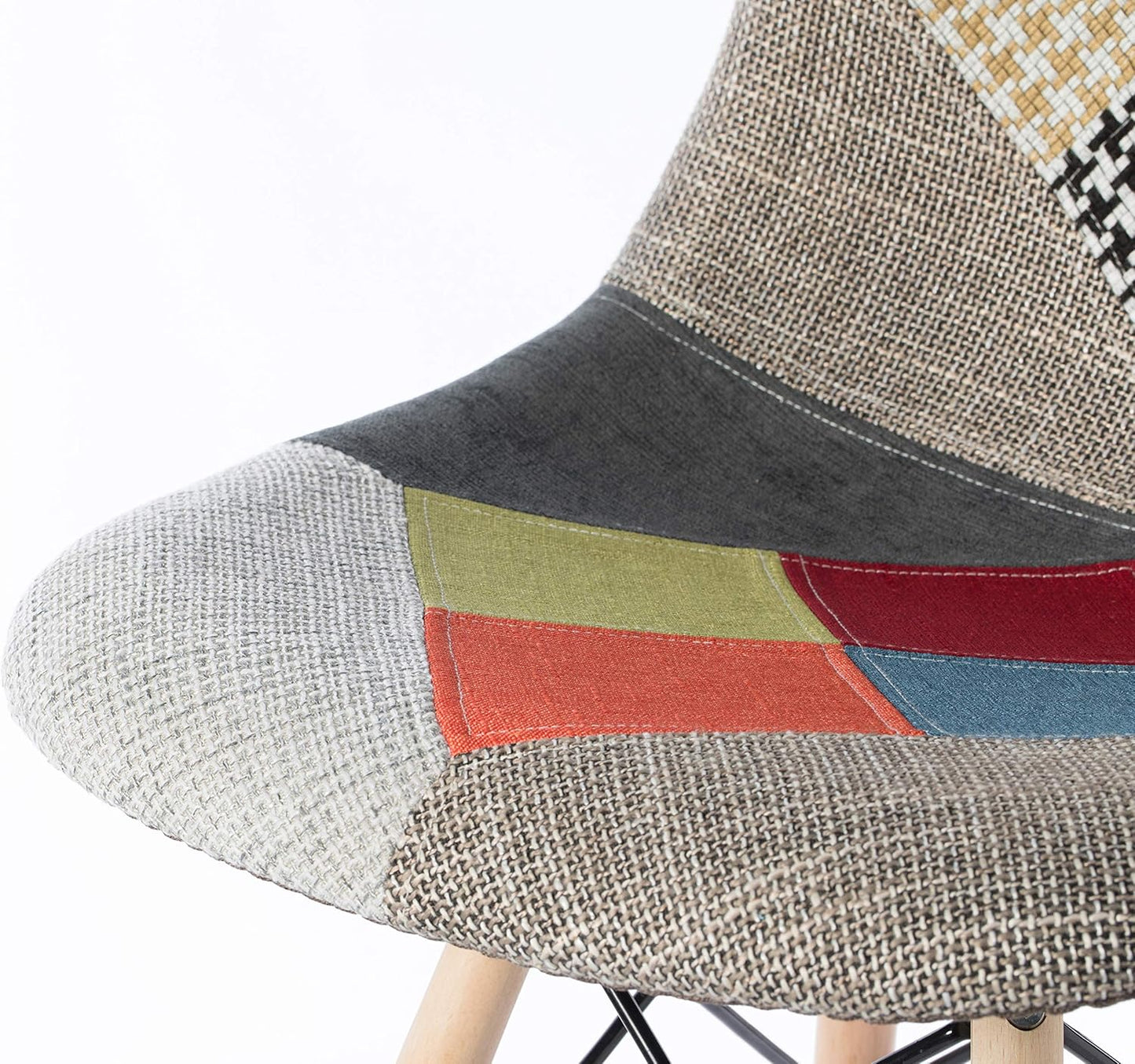 Mid-Century Modern Upholstered Plastic Multicolor Fabric Patchwork DSW Shell Dining Chair with Wooden Dowel Eiffel Legs