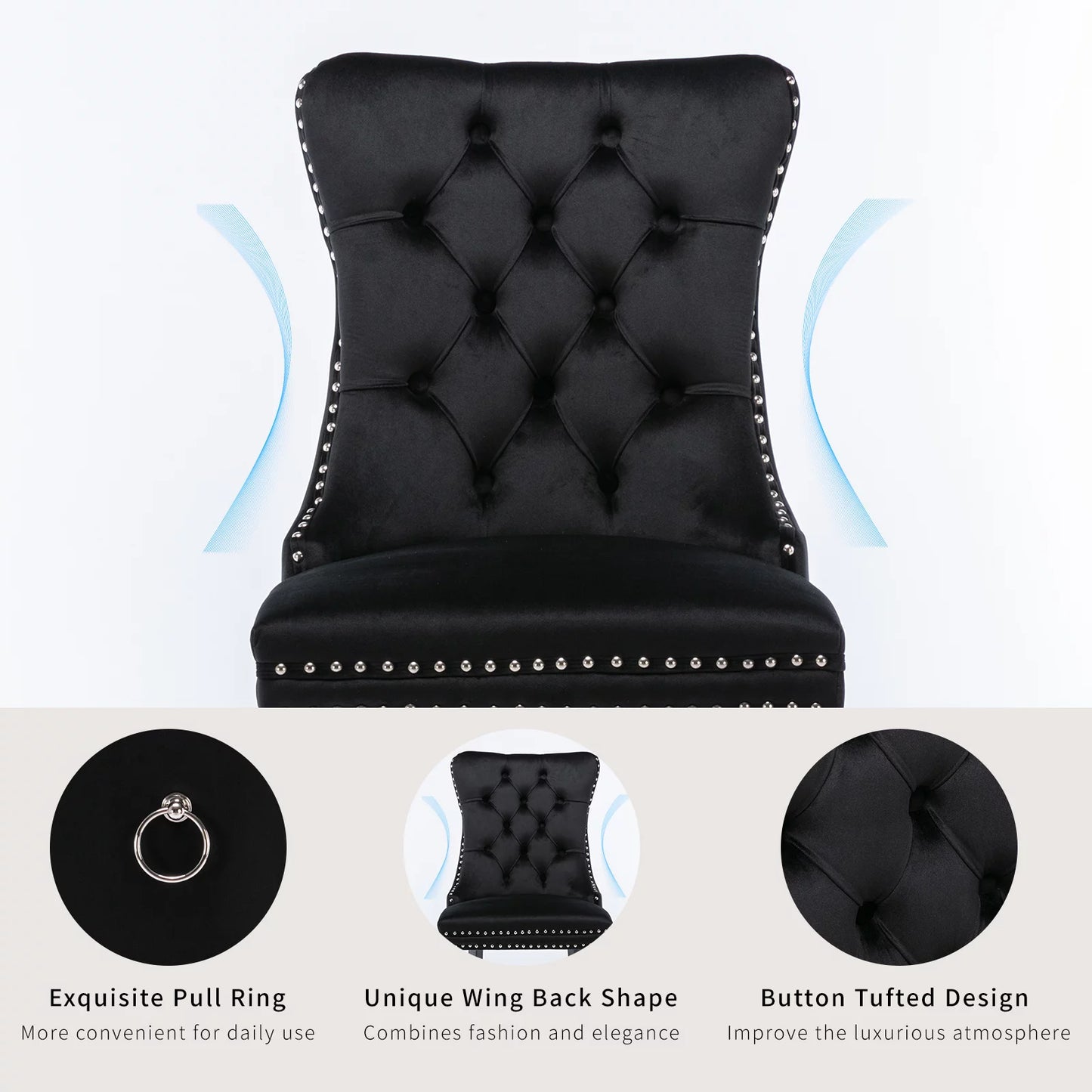 Black Velvet Dining Chairs Set of 2, Kitchen & Dining Room Chairs, Sillas De Comedor, Nailheads Tufted, Velvet Upholstered, Solid Wood (Black, 2 Pcs)