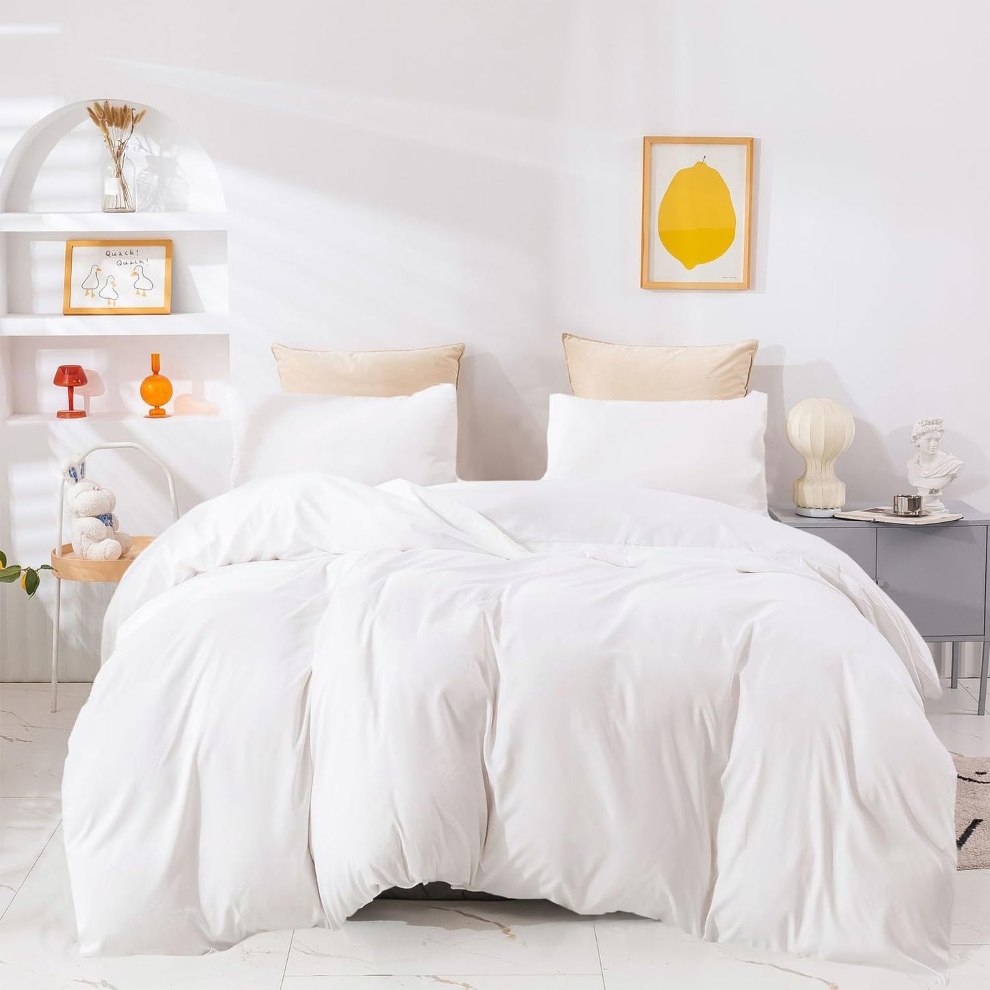 White Comforter Sets King Solid White Bedding Comforter Sets King Size Plain White Bed Comforters Cotton Women Men Pure White Bedding Set 3 PCS Modern White Comforter Sets Soft Breathable King