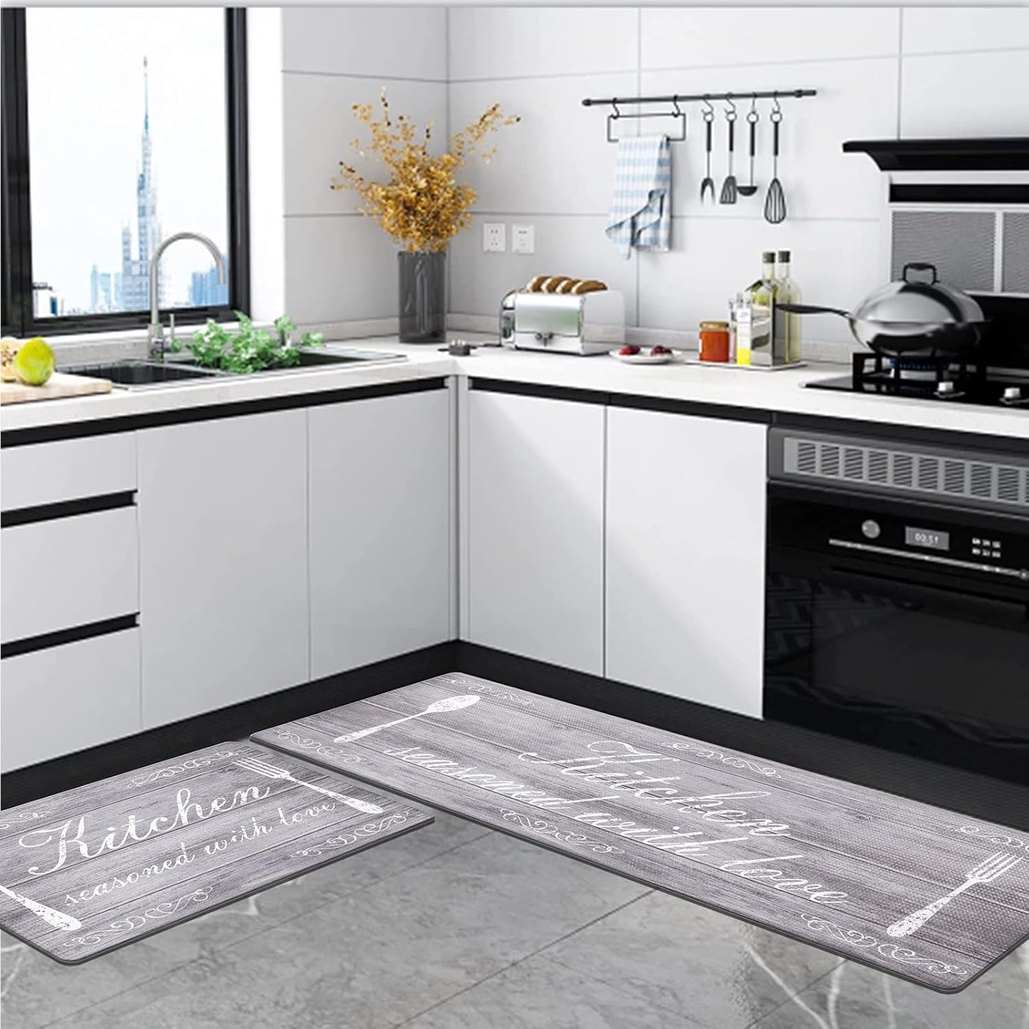 anti Fatigue Kitchen Mat Set of 2 Farmhouse Kitchen Rugs and Mats Non Slip Thick Cushioned Kitchen Floor Mats Waterproof Heavy Duty PVC Foam Kitchen Rug Runner Comfort Standing Mat