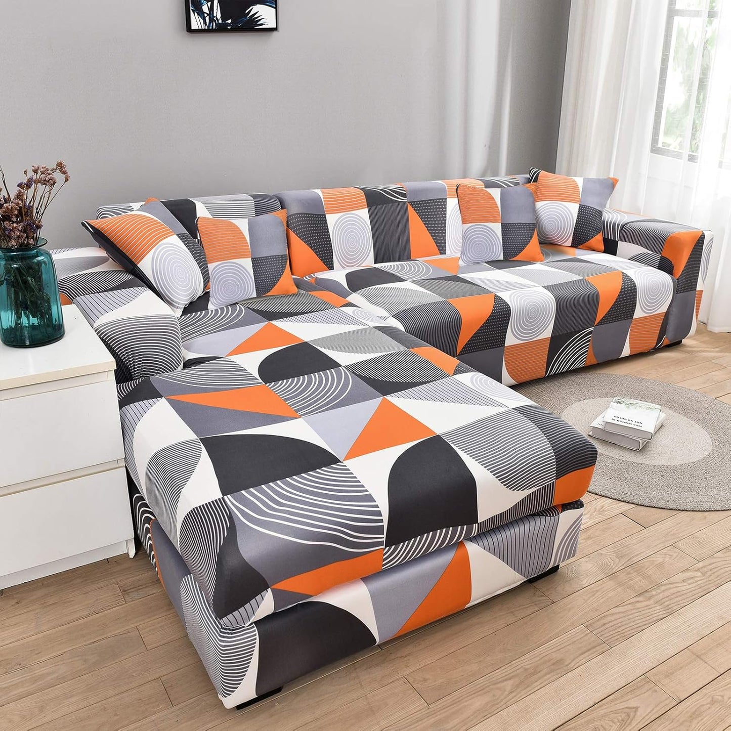 L Shape Sofa Cover Sectional Couch Slipcover 2 Piece Stretchy Elastic 3 Seater Chaise Sofa Furniture Protector Slip Covers with 4Pcs Pillowcases for Living Room Pets Kids (Style-3063)