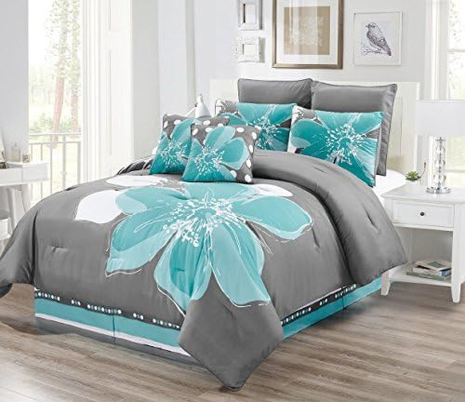 8 - Piece Aqua Blue, Grey, White Floral Comforter Set King Size Bedding + Accent Pillows