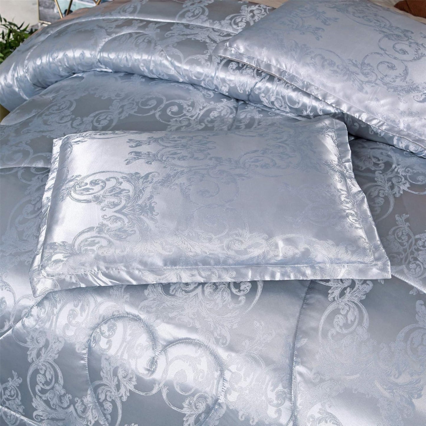 King Size Comforter Set, Silver Bedding Comforter Sets All Season Grey Bed Comforter King Set, Soft Lightweight Silk Jacquard Comforter Set with 2 Pillow Shams(King,104X90)