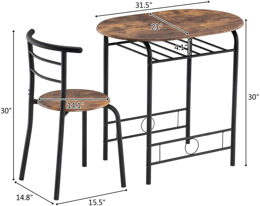 3 Piece Dining Table Set Kitchen Wood Dining Table Furniture Set and 2 Chairs Wooden round Table & Chair Set Compact Space with Steel Frame and Wine Rack for Kitchen, Dining Room (Ship from USA)