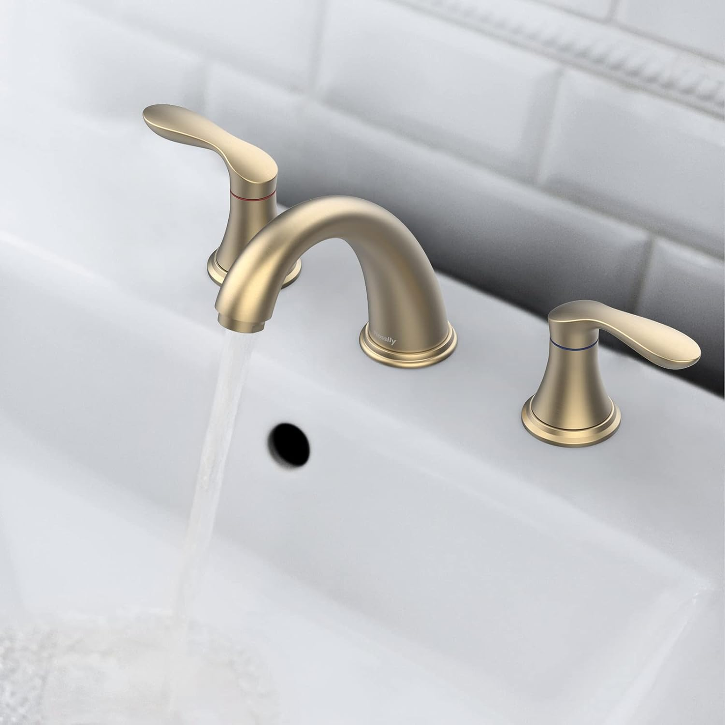 Bathroom Sink Faucet, Faucet for Bathroom Sink, Widespread Brushed Gold Bathroom Faucet 3 Hole with Stainless Steel Pop up Drain and Cupc Lead-Free Hose - (Brushed Gold)