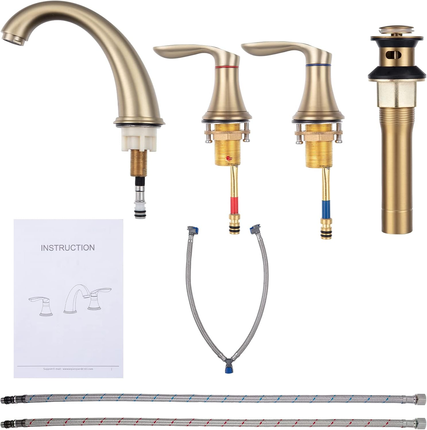 Bathroom Sink Faucet, Faucet for Bathroom Sink, Widespread Brushed Gold Bathroom Faucet 3 Hole with Stainless Steel Pop up Drain and Cupc Lead-Free Hose - (Brushed Gold)