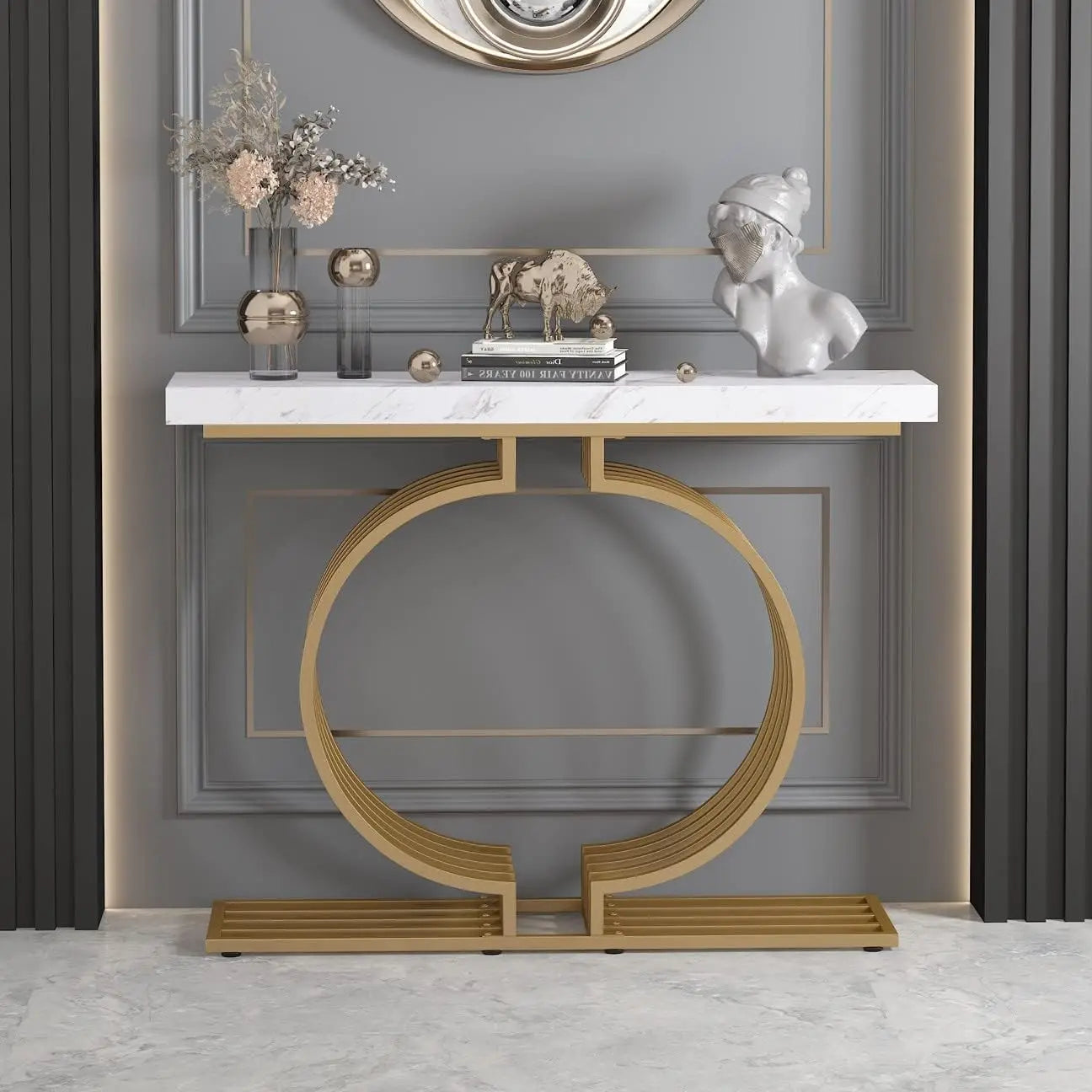 Console Table with Gold Base,40 in Sofa Table,Accent Table for Living Room, Entryway, Hallway, Entrance, Faux Marble White