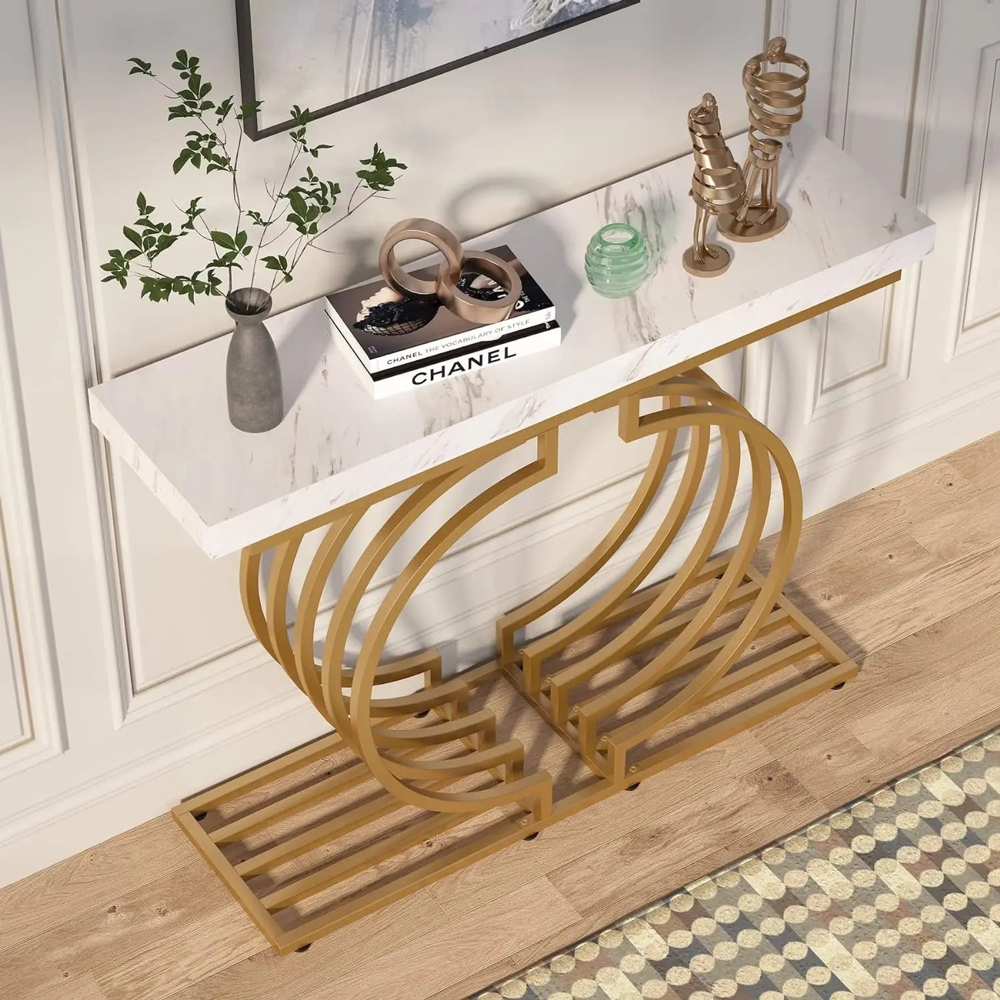 Console Table with Gold Base,40 in Sofa Table,Accent Table for Living Room, Entryway, Hallway, Entrance, Faux Marble White