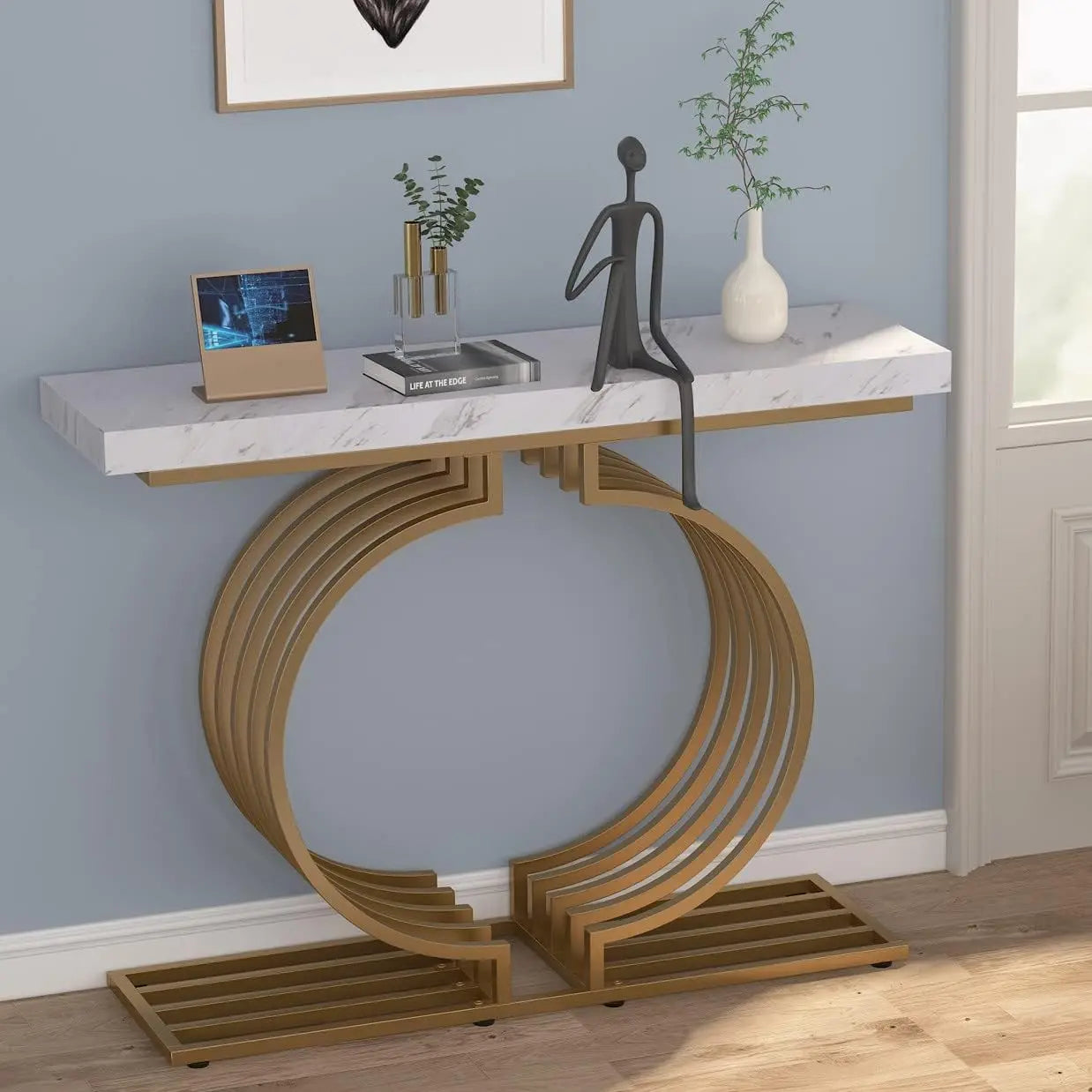 Console Table with Gold Base,40 in Sofa Table,Accent Table for Living Room, Entryway, Hallway, Entrance, Faux Marble White